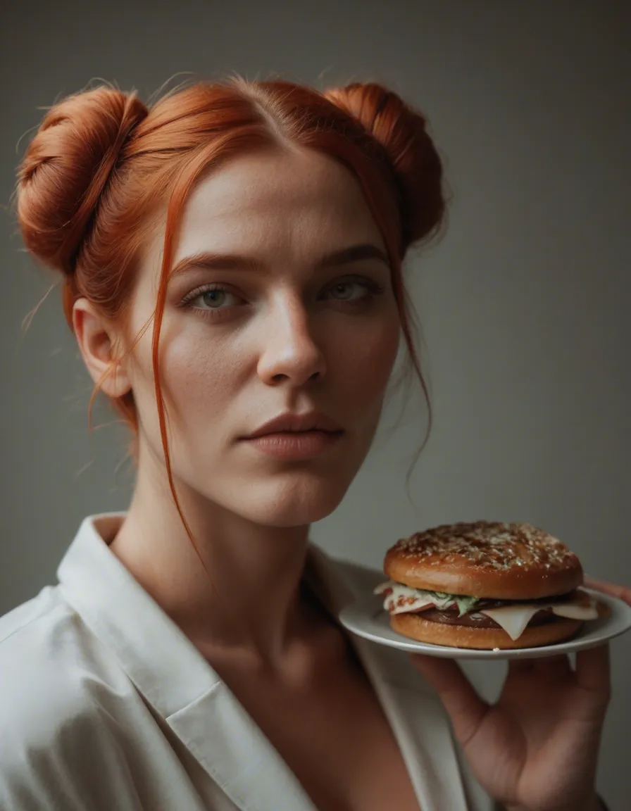 dslr, film grain, photorealistic, redhead woman, double bun, food, presenting, cinematic realism, score_9, score_8, candid photo, realistic skin texture, visible skin pores, film grain, depth of field