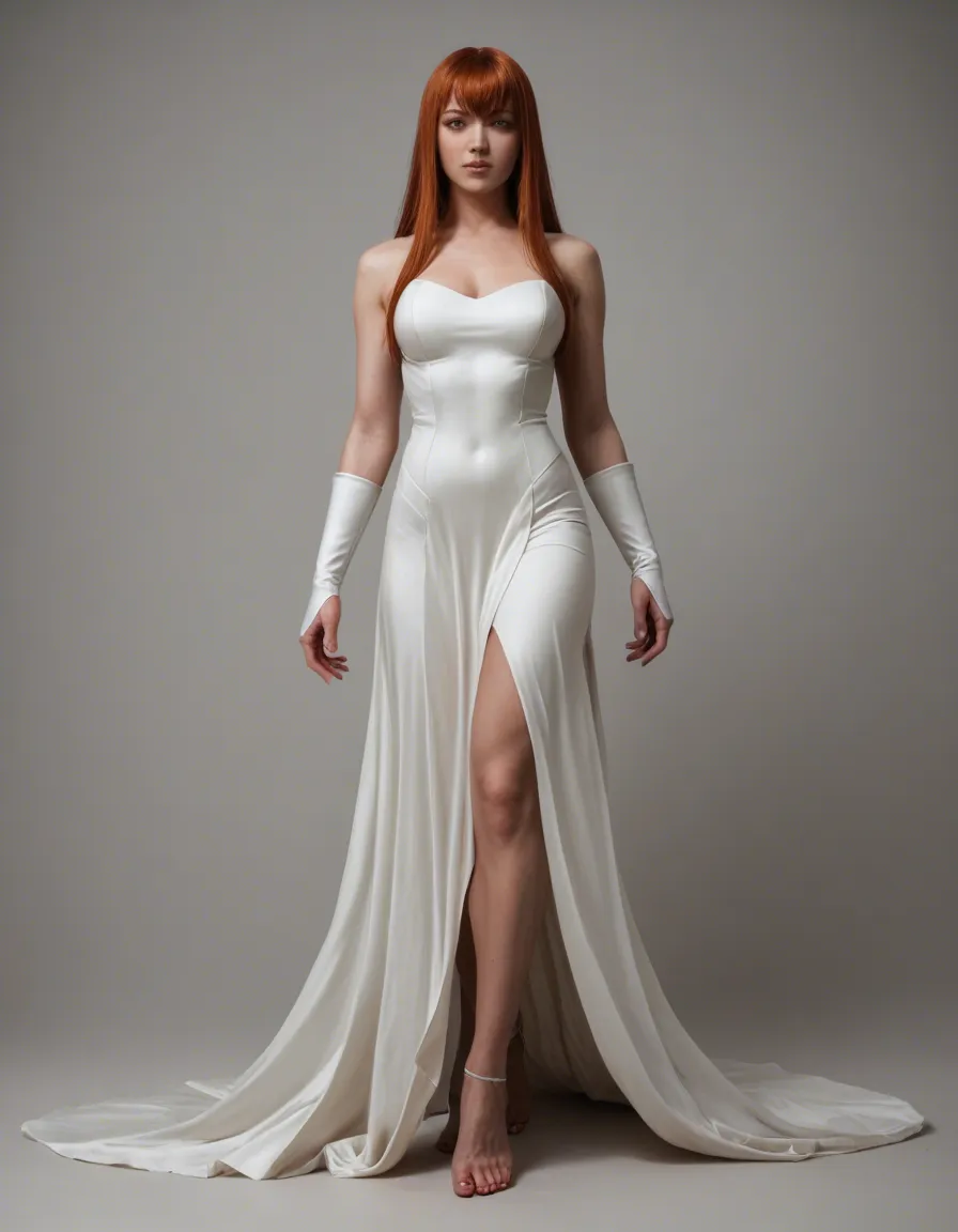 sharp focus, detailed skin, redhead woman, stomach, underwear, presenting, dreamy atmosphere, studio photo, photorealistic, princess_carry, @makise_kurisu, hentai_studio_quality, bridal_gauntlets, white_background, white_dress, walking, score_9, score_8, candid photo, realistic skin texture, visible skin pores, film grain, depth of field