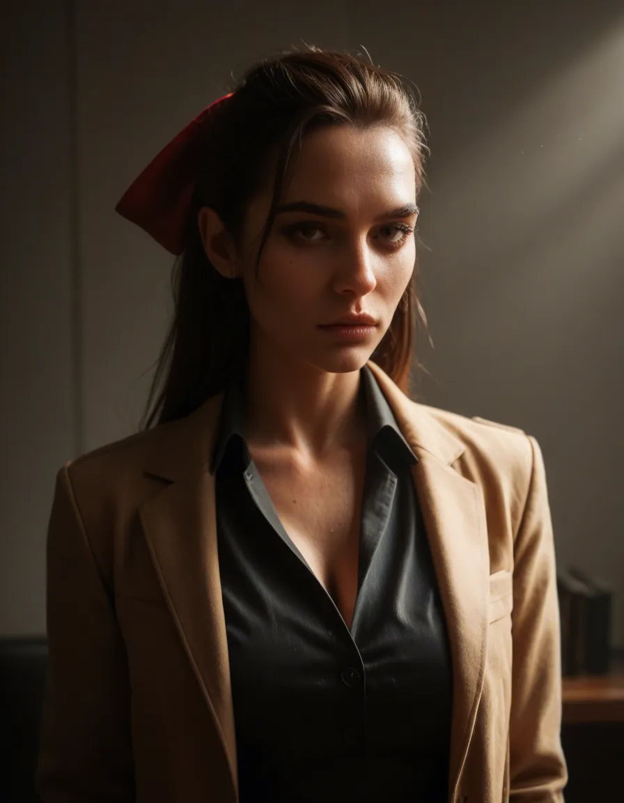 8k, sharp focus, detailed skin, office lady, hair bow, jacket, bondage, dramatic lighting, natural skin texture, score_9, score_8, candid photo, realistic skin texture, visible skin pores, film grain, depth of field