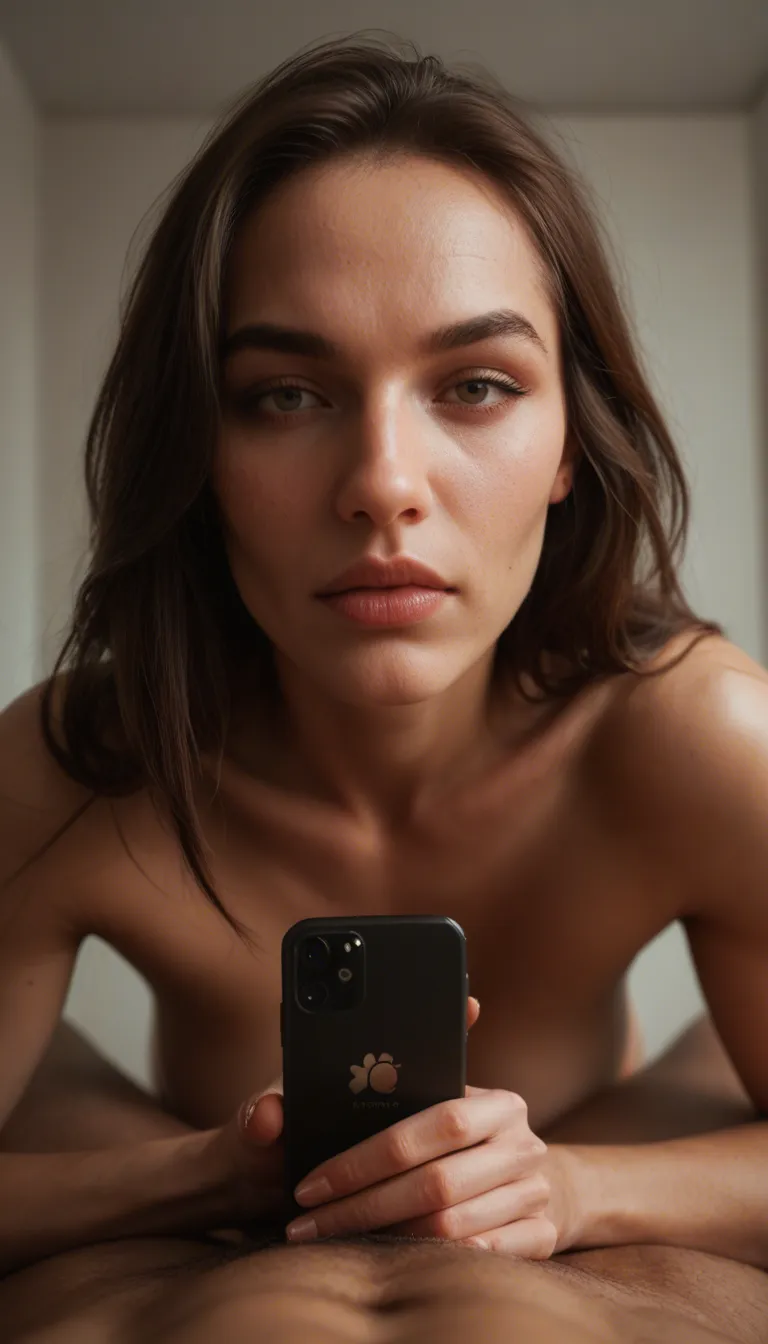 frontal and bottom-up first-person point of view of a mature woman about 45 years old as if the woman were sitting on top of the observer's body, long brown hair, large brown eyes with small expression lines, hoop earrings, slender but shapely body, abundant breasts, wearing only a short unbuttoned blouse, holding in her hands the erect penis of the observer who ejaculates repeatedly squirting the woman's hair, background bedroom