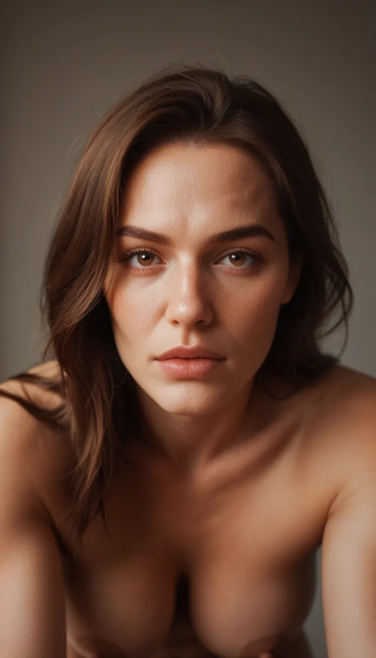 frontal and bottom-up first-person point of view of a mature woman about 45 years old, long brown hair, large brown eyes with small expression lines, hoop earrings, wearing only a short unbuttoned blouse, slender but shapely body, abundant breasts, holding in her hands the erect penis of the observer who ejaculates repeatedly squirting the woman's hair, background bedroom