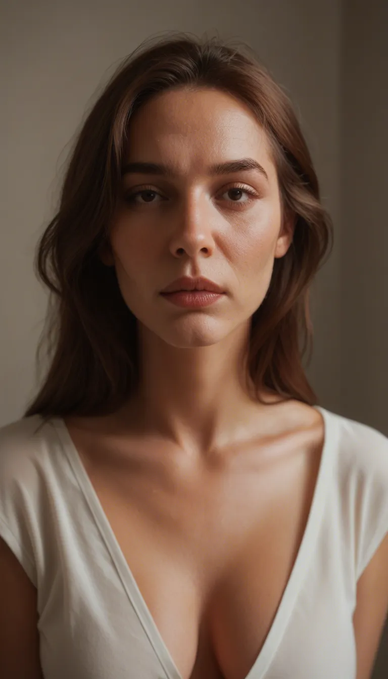 first-person point of view, mature woman about 45 years old, small expression lines around the big black eyes, loose brown hair, wears a short unbuttoned blouse, slender but shapely body, abundant breasts, the woman holds in her hands the erect penis of the observer who ejaculates repeatedly and the sperm ends up on the woman's hair