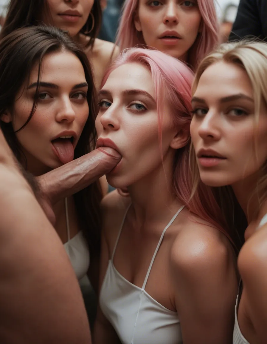 dslr, film grain, photorealistic, 6+women, pink hair, dress, blowjob, RAW photo, score_9, score_8, candid photo, realistic skin texture, visible skin pores, film grain, depth of field