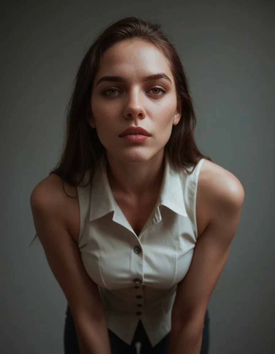 ultra HD, lifelike, succubus, buttons, sleeveless, bent over, cowboy shot, dslr quality, score_9, score_8, candid photo, realistic skin texture, visible skin pores, film grain, depth of field