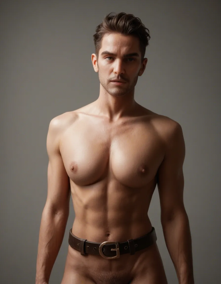 RAW photo, ultra realistic, 1boy, cleavage, belt, fully nude, studio photo, score_9, score_8, candid photo, realistic skin texture, visible skin pores, film grain, depth of field