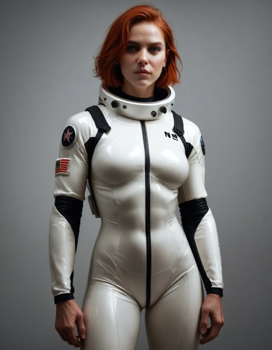 Redhair astronaut woman in orange fullbody spacesuit skafander with alien tentacle around crotch, score_9, score_8, candid photo, realistic skin texture, visible skin pores, film grain, depth of field