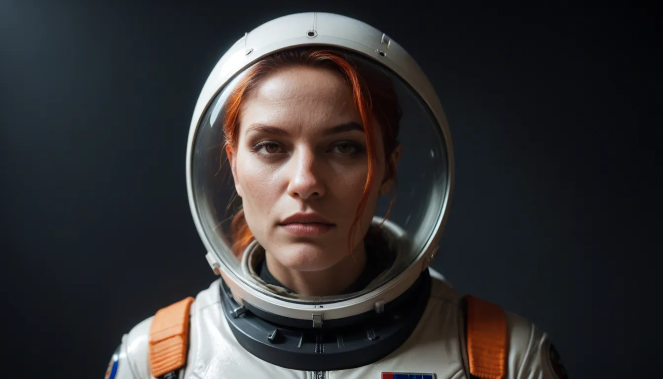 Redhair astronaut woman in orange fullbody spacesuit skafander with alien tentacle around crotch, score_9, score_8, candid photo, realistic skin texture, visible skin pores, film grain, depth of field