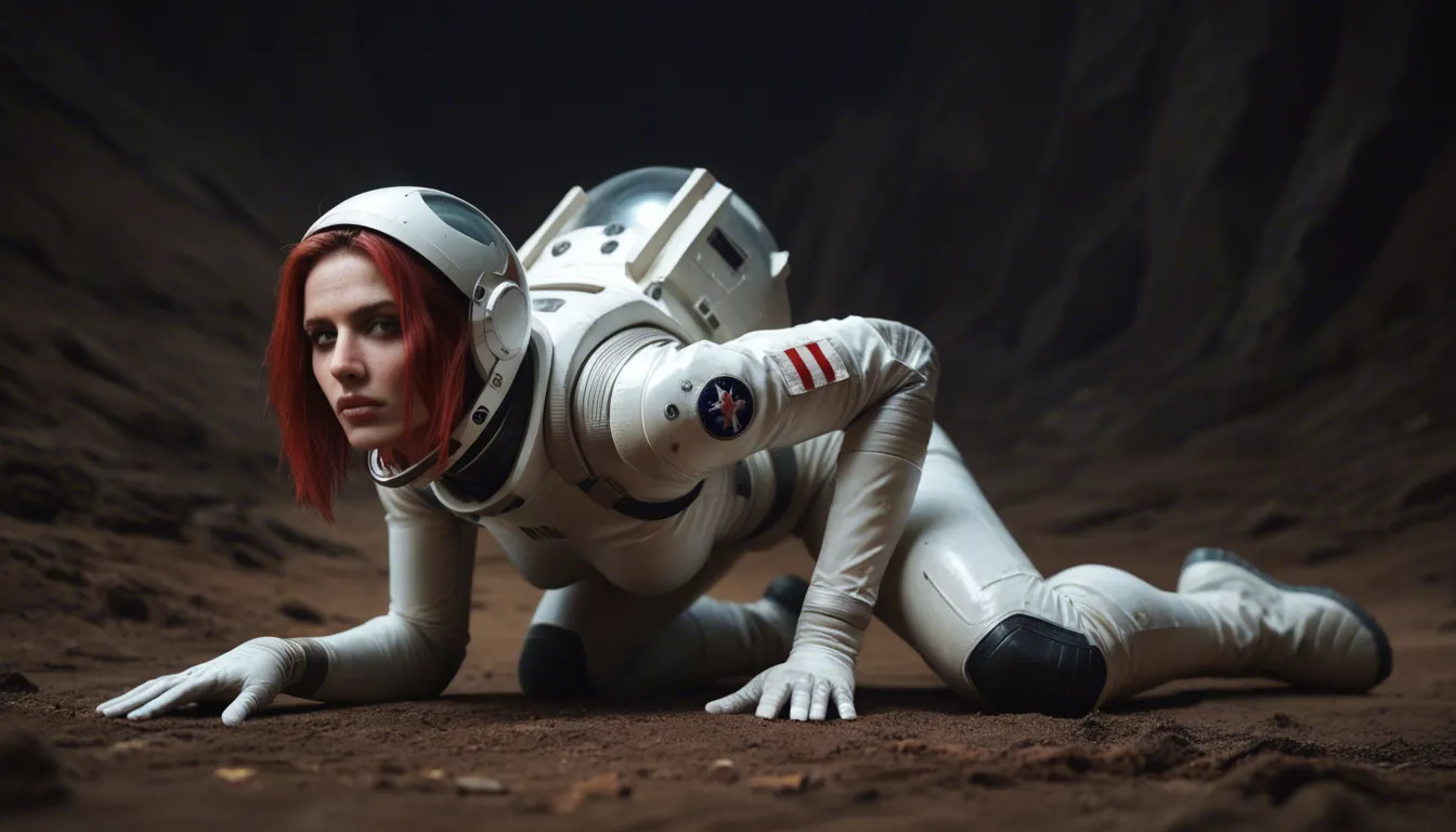 Redhair astronaut woman in fullbody spacesuit skafander stuck to the ground and tentacles wrap around it, score_9, score_8, candid photo, realistic skin texture, visible skin pores, film grain, depth of field