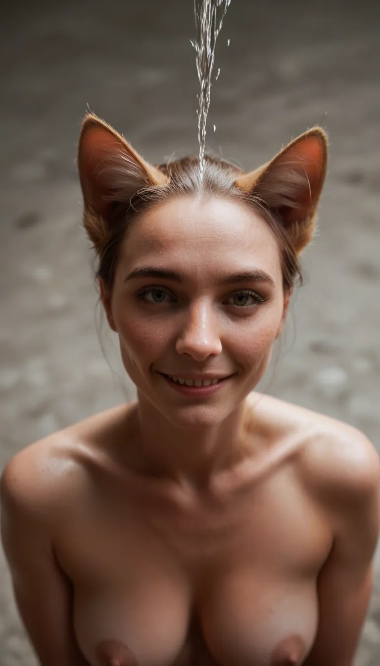 ultra HD, lifelike, from above, catgirl, squirting, feet out of frame, depth of field, shy smile, RAW photo