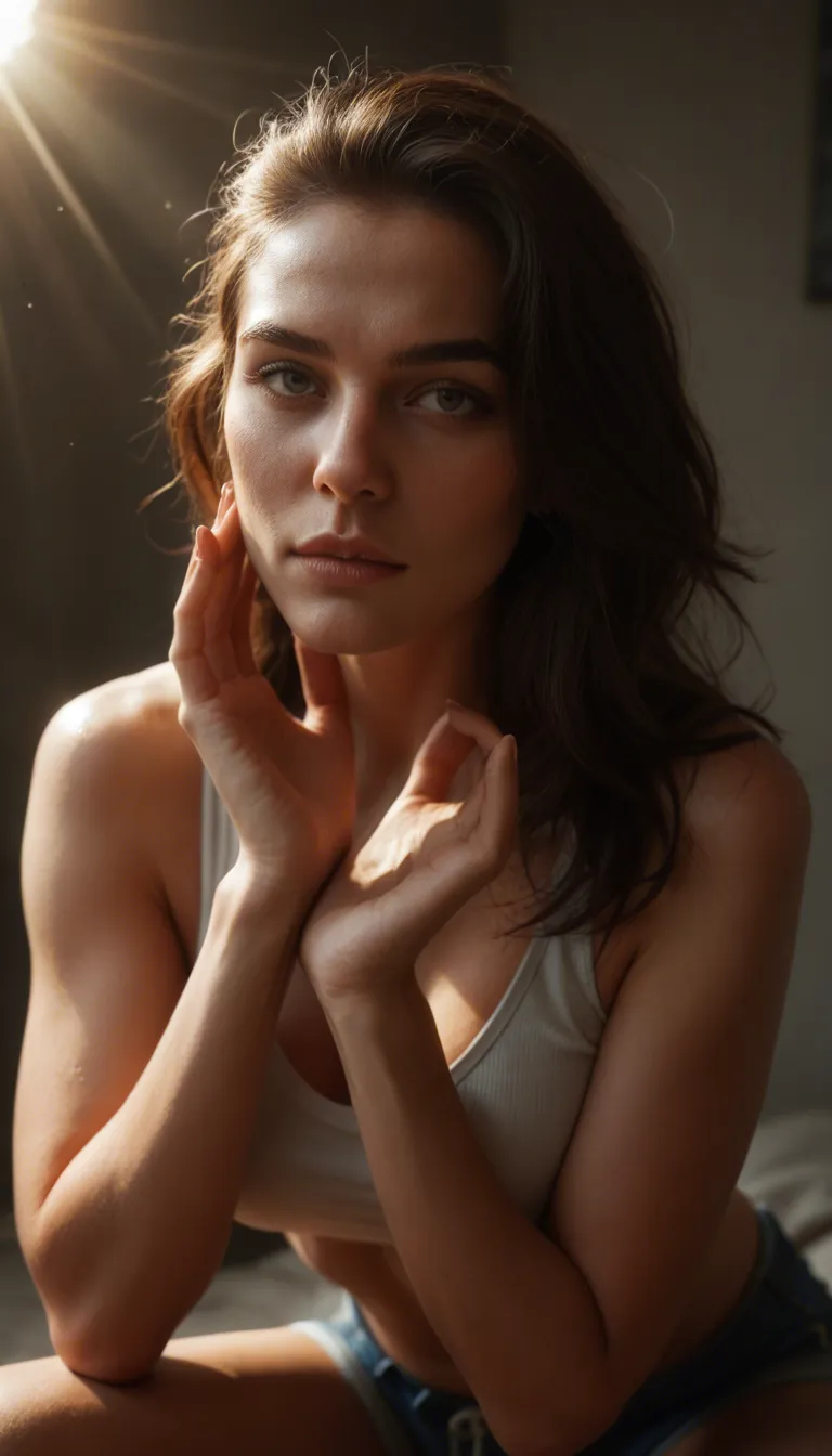 best quality, hyperrealistic, brunette woman, hands up, shorts, presenting, sunlight, volumetric light, film photography