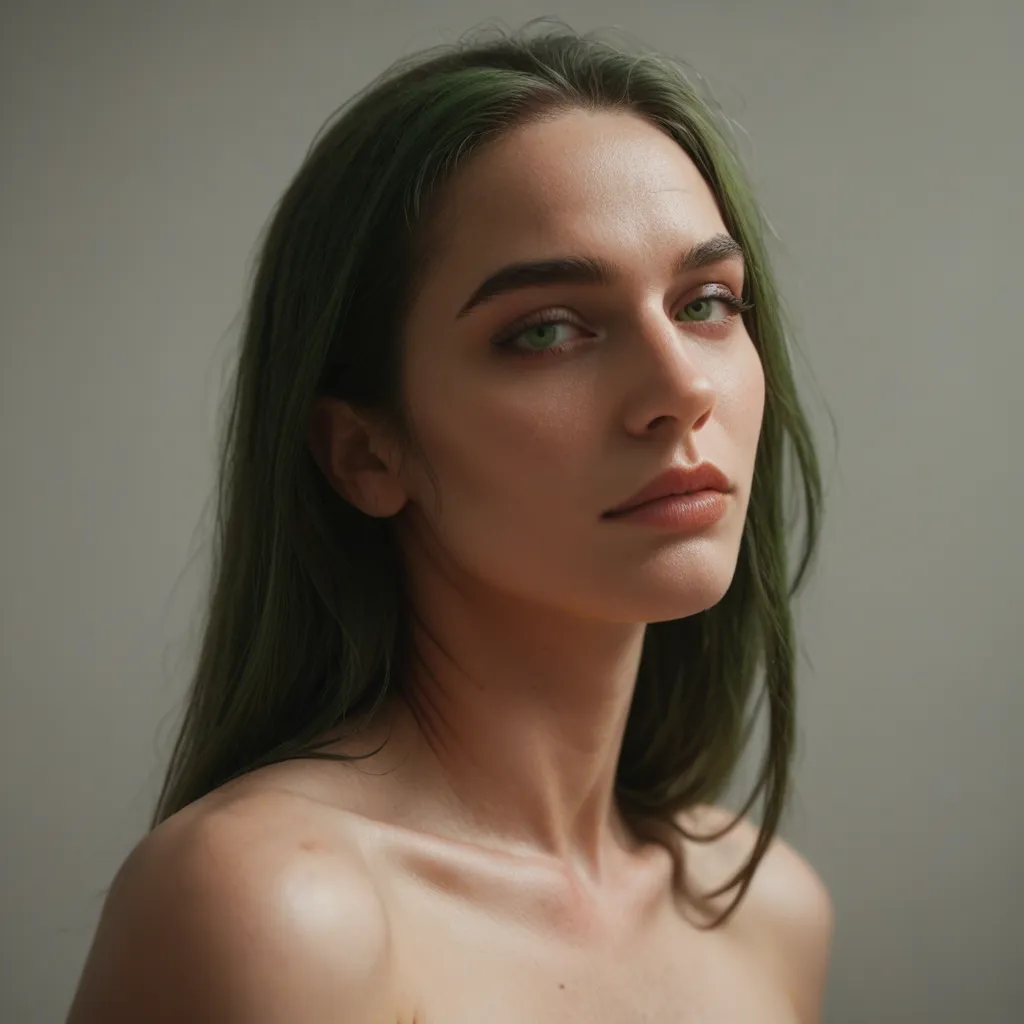 sexy girl, white skin, green eyes, green hair