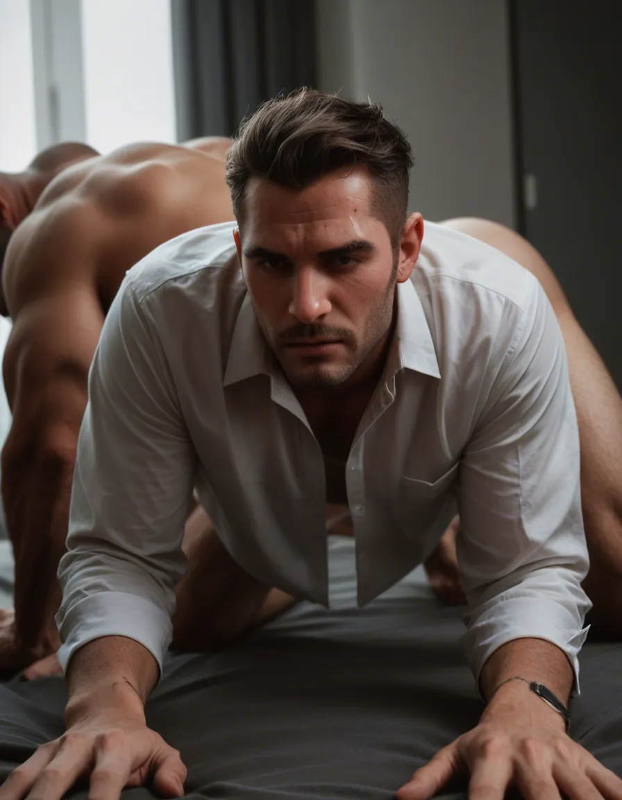 RAW photo, ultra realistic, 2boys, scar, collared shirt, on all fours, transparent background, dslr quality, score_9, score_8, candid photo, realistic skin texture, visible skin pores, film grain, depth of field
