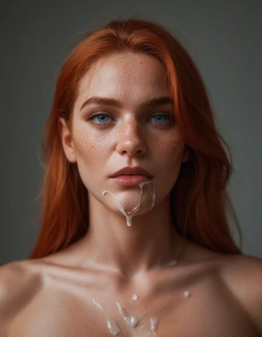 Nude redhead freckles blue eyes covered in cum, score_9, score_8, candid photo, realistic skin texture, visible skin pores, film grain, depth of field
