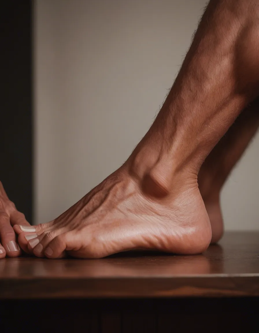 sharp focus, 8k uhd, side view, 1boy, presenting, feet out of frame, table, submissive blush, 8k uhd photo, score_9, score_8, candid photo, realistic skin texture, visible skin pores, film grain, depth of field