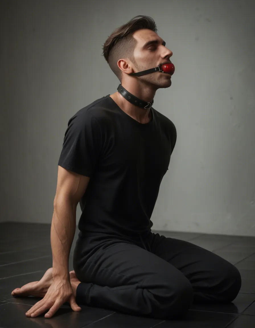 Kneeling subservient young man on a dark polished floor, head lowered and eyes cast up respectfully, hands resting open at his sides, wearing a simple black leather collar, barefoot, simple red ballgag in mouth. plain grey t-shirt and sweatpants, soft warm rim lighting from above, subtle shadow across his face showing humility, shallow depth of field, cinematic moody atmosphere, dark background with faint silhouette of a woman's legs in glossy black latex heels standing over him, high detail, animated,, score_9, score_8, candid photo, realistic skin texture, visible skin pores, film grain, depth of field