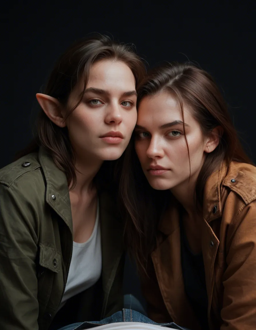 RAW photo, ultra realistic, 2women, pointy ears, jacket, bent over, black background, POV, photorealistic, score_9, score_8, candid photo, realistic skin texture, visible skin pores, film grain, depth of field