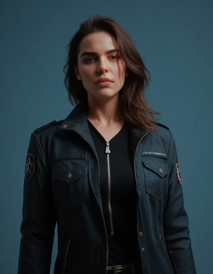 photorealistic CGI, 8k, brunette woman, mole, jacket, fully nude, blue background, cowboy shot, octane render, score_9, score_8, candid photo, realistic skin texture, visible skin pores, film grain, depth of field