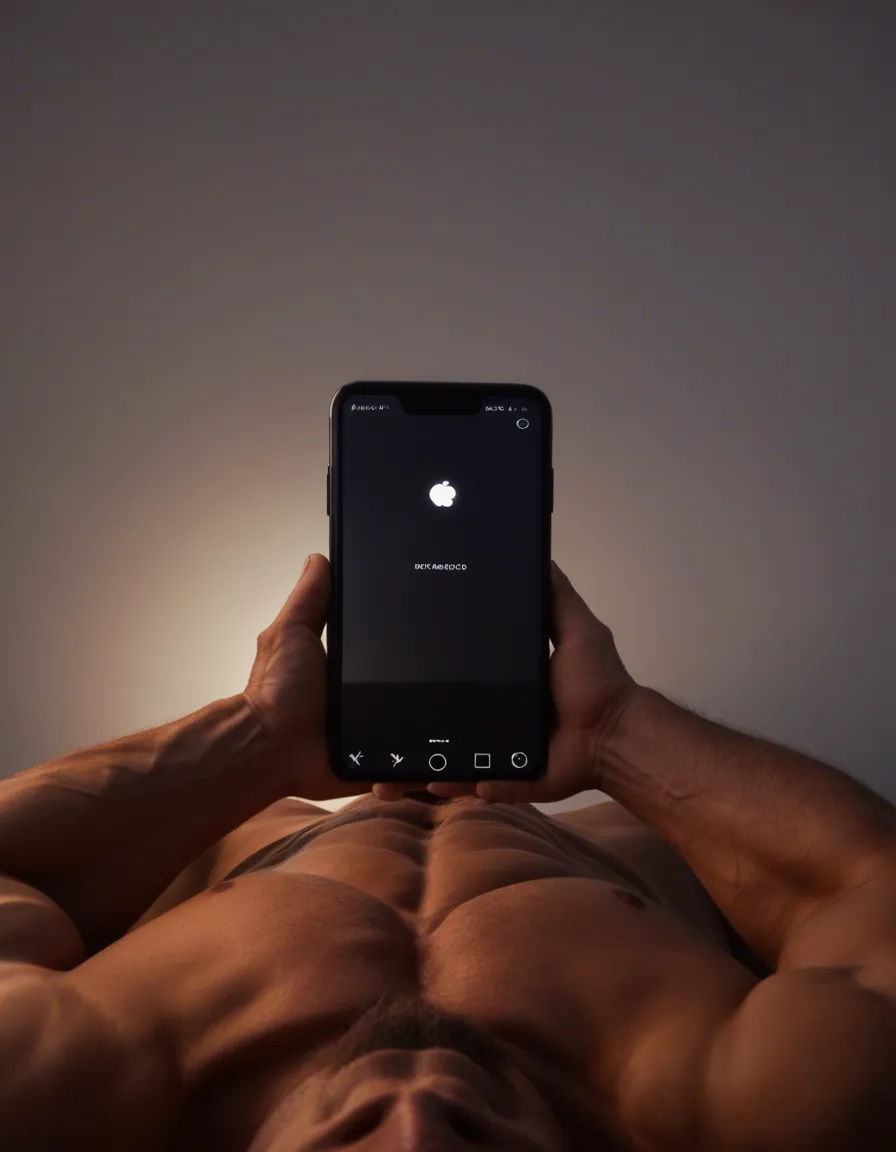 cinematic photo, 8k, solo female, muscular male, horns, missionary, gradient background, low angle, ambient glow, 8k uhd photo, score_9, score_8, amateur photo, phone snapshot, realistic skin texture, skin blemishes, soft indoor lighting