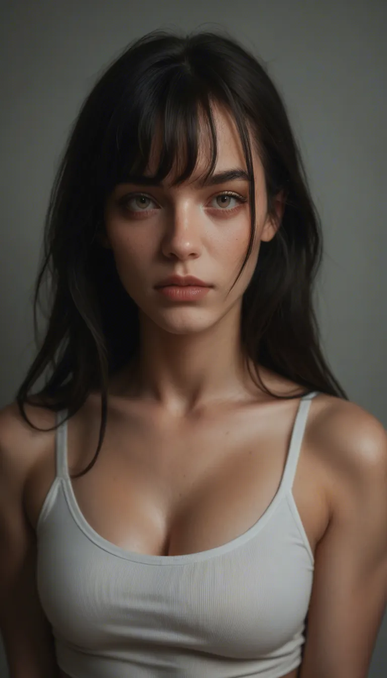A hyper-realistic 8-second cinematic video of the exact woman from the reference photo: young woman with long straight black hair with bangs, light olive skin, full lips, standing in a bright minimalist studio with soft natural light and leaf shadows on the wall.  
She is wearing an oversized white t-shirt, tight pink denim shorts with frayed edges, and white sneakers.  
At the very first second a strong invisible force suddenly rips all her clothes completely off her body in one sharp motion — the white t-shirt, pink shorts and sneakers fly off and disappear out of frame, leaving her completely naked.  

Immediately after becoming naked she starts aggressively and unrealistically shaking her upper body, making her extremely large, heavy, full breasts bounce and swing with extreme force, weight and momentum non-stop for the remaining time. The breasts jiggle, slap and sway violently up and down and side to side with exaggerated physics.  

She keeps both arms slightly away from her body, looking straight at the camera with a calm expression.  

Camera stays locked at a full-body medium shot, no zoom, photorealistic skin texture, strong soft lighting, ultra-detailed,