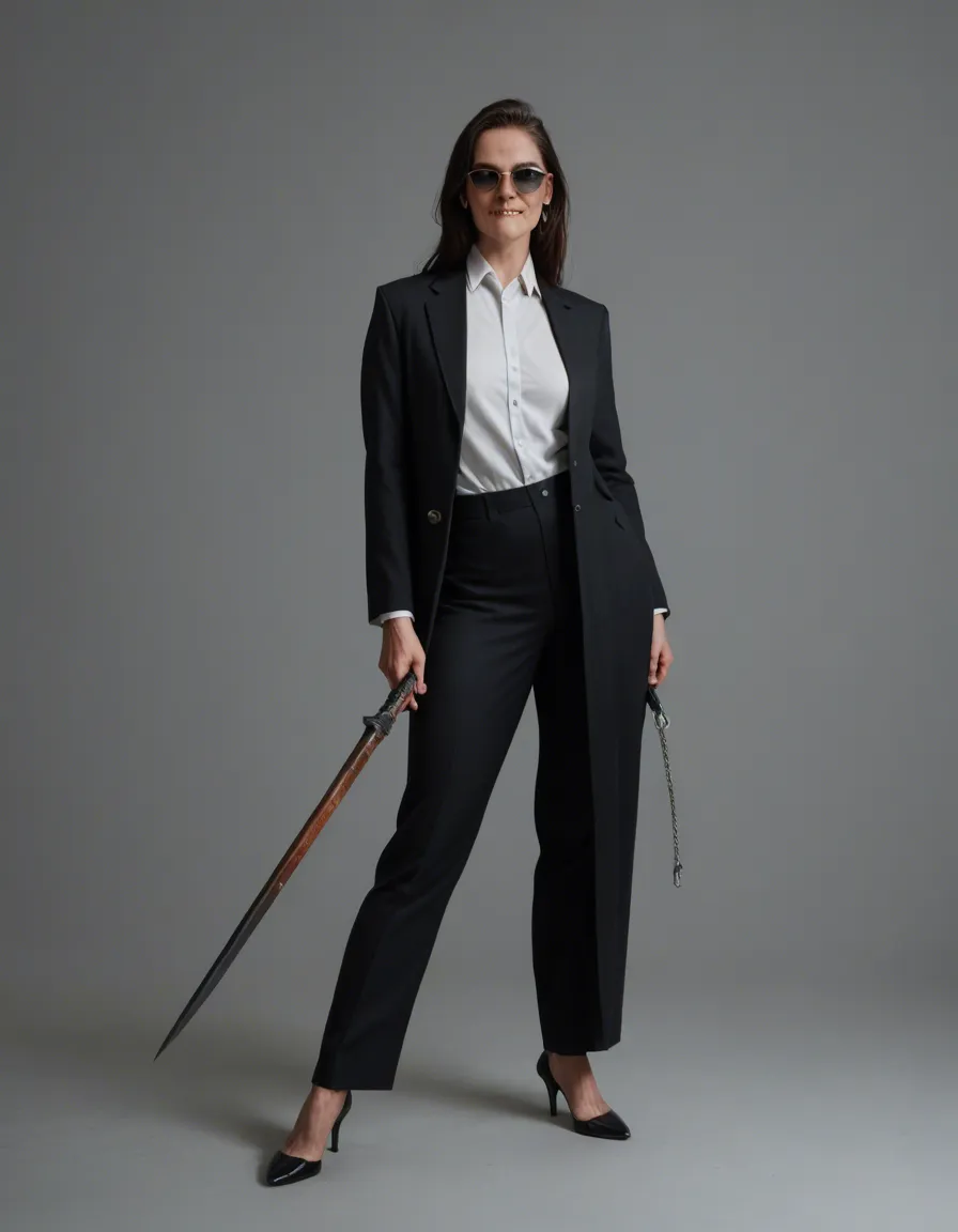 professional photo, high detail, witch, sunglasses, weapon, biting lip, creampie, grey background, full body, RAW photo, score_9, score_8, candid photo, realistic skin texture, visible skin pores, film grain, depth of field