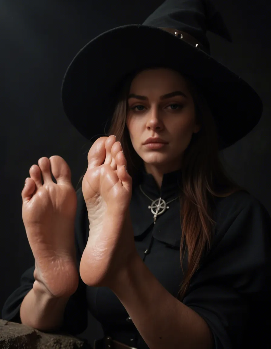 cinematic photo, 8k, witch, soles, puffy sleeves, over the shoulder glance, futanari, black background, spotlight, photorealistic, score_9, score_8, candid photo, realistic skin texture, visible skin pores, film grain, depth of field