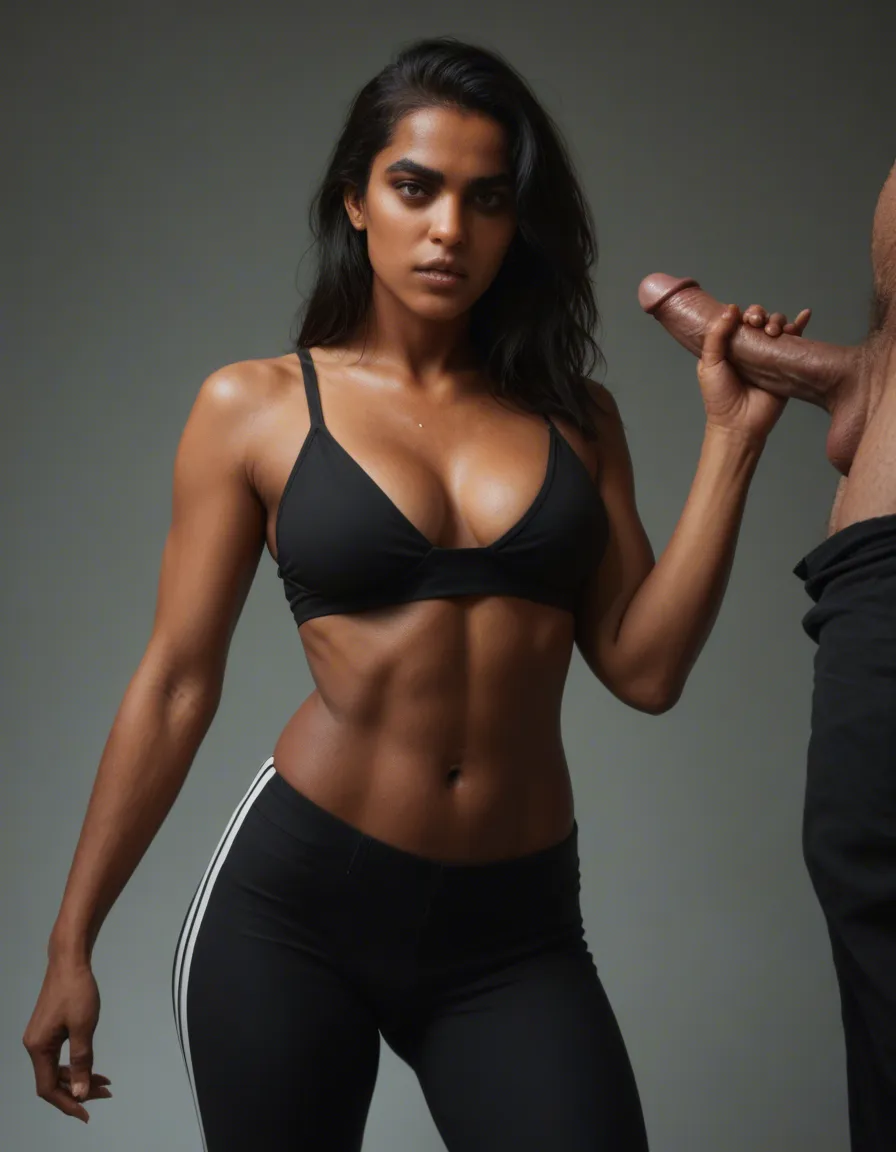 Indian girl athletic build average boobs black hair wearing saree without blouse or bra with navel Showing standing and giving handjob, score_9, score_8, candid photo, realistic skin texture, visible skin pores, film grain, depth of field