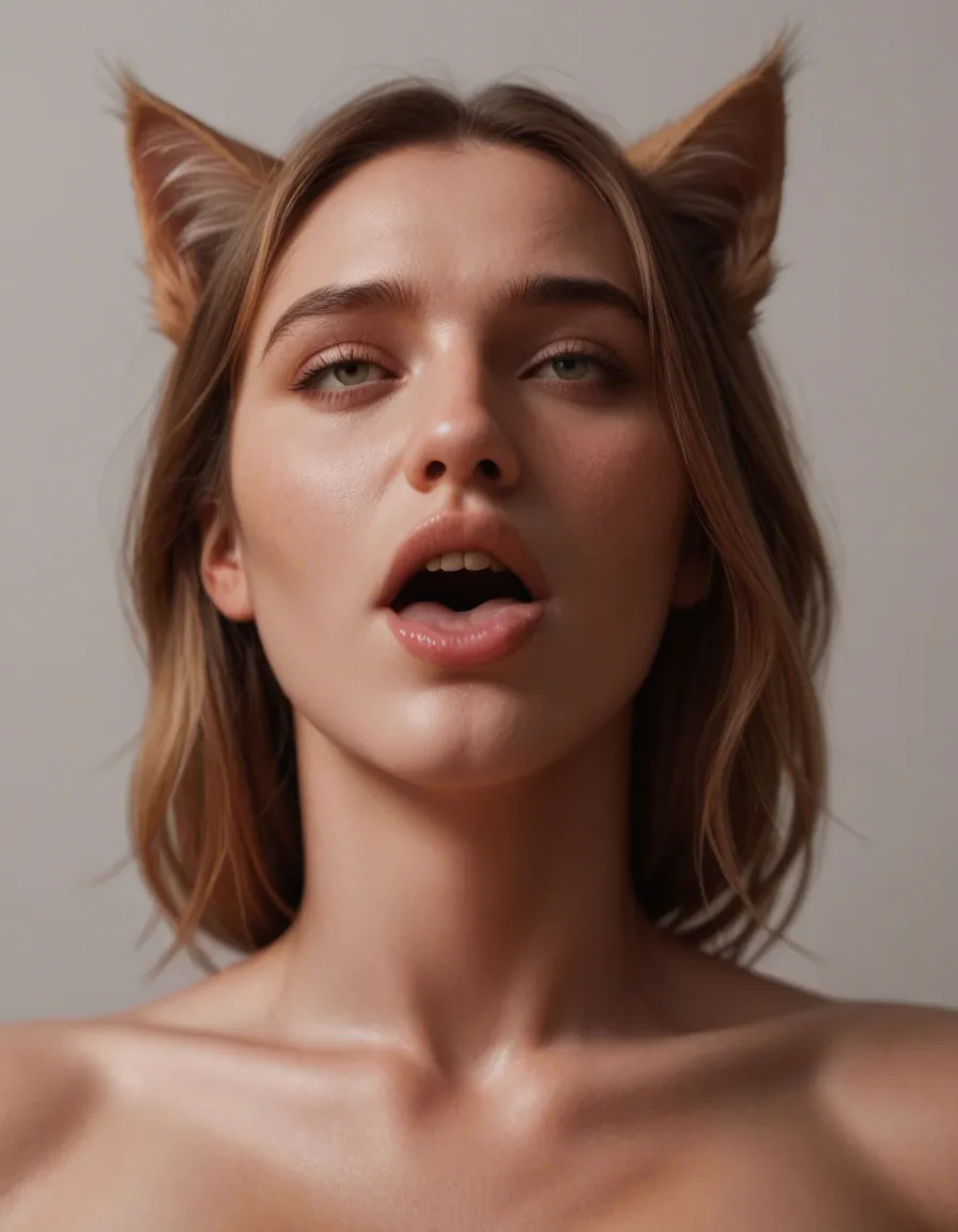 best quality, hyperrealistic, from below, catgirl, ahegao, medium breasts, transparent background, lifelike render, score_9, score_8, candid photo, realistic skin texture, visible skin pores, film grain, depth of field