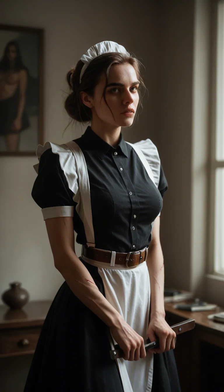 cinematic photo, 8k, maid, scar, belt, bondage, 8k uhd photo_(object)
