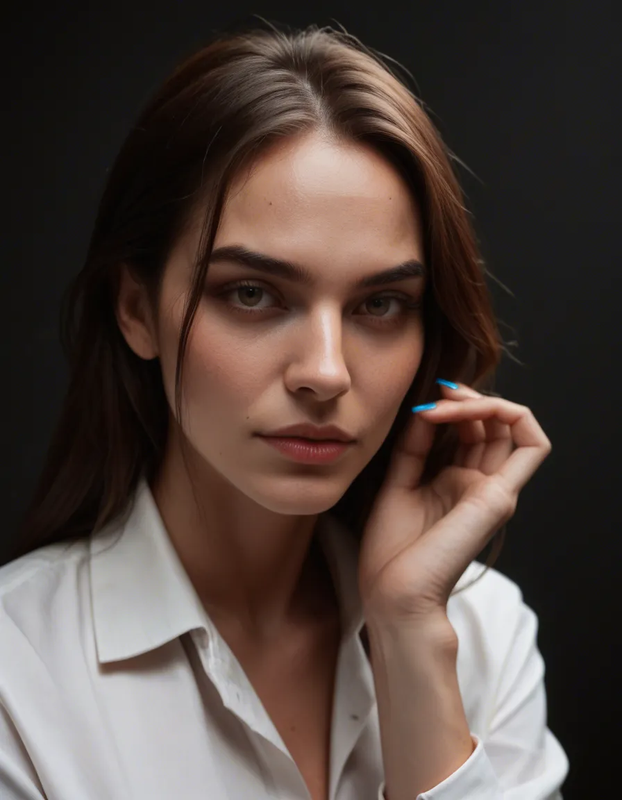 best quality, hyperrealistic, multiple girls, nail polish, collared shirt, presenting, film photography, score_9, score_8, candid photo, realistic skin texture, visible skin pores, film grain, depth of field