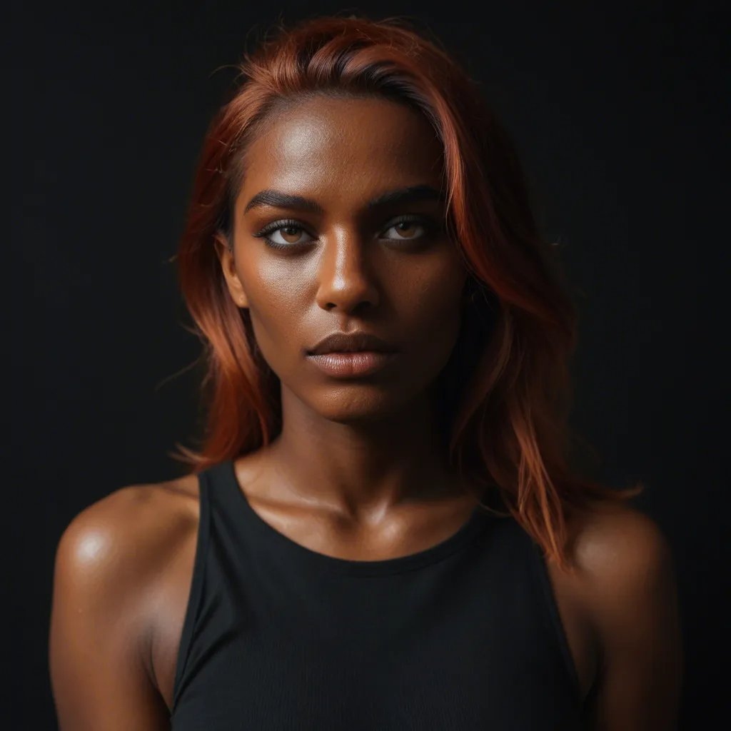 8k, sharp focus, detailed skin, redhead woman, dark-skinned female, pants, tentacle, black background, lifelike render