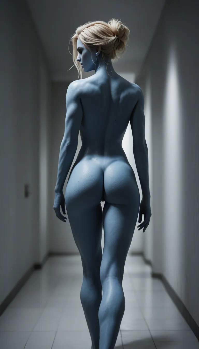 cinematic photo, 8k
A succubus with sapphire blue skin disguised as an erotic dancer with frost blonde hair seen from behind walking down a hallway to a private room swaying her hips seductively