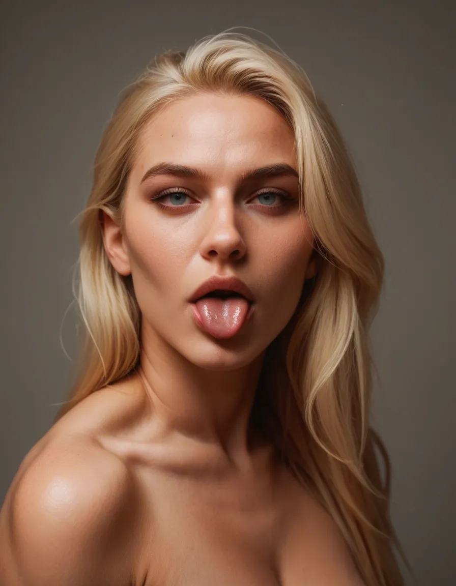 naked blonde hair women sticking their tongues out, score_9, score_8, candid photo, realistic skin texture, visible skin pores, film grain, depth of field