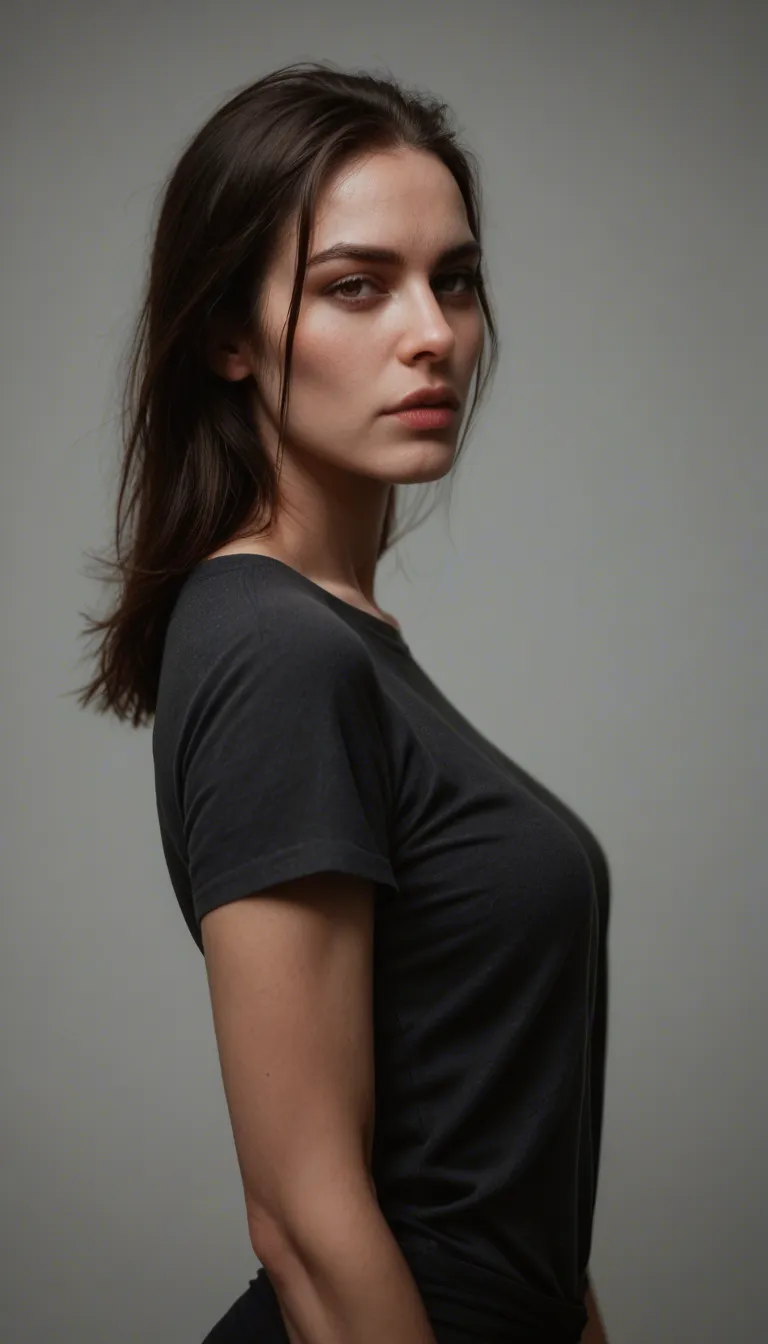 8k, sharp focus, detailed skin, brunette woman, nail polish, short sleeves, presenting, side view, dslr quality