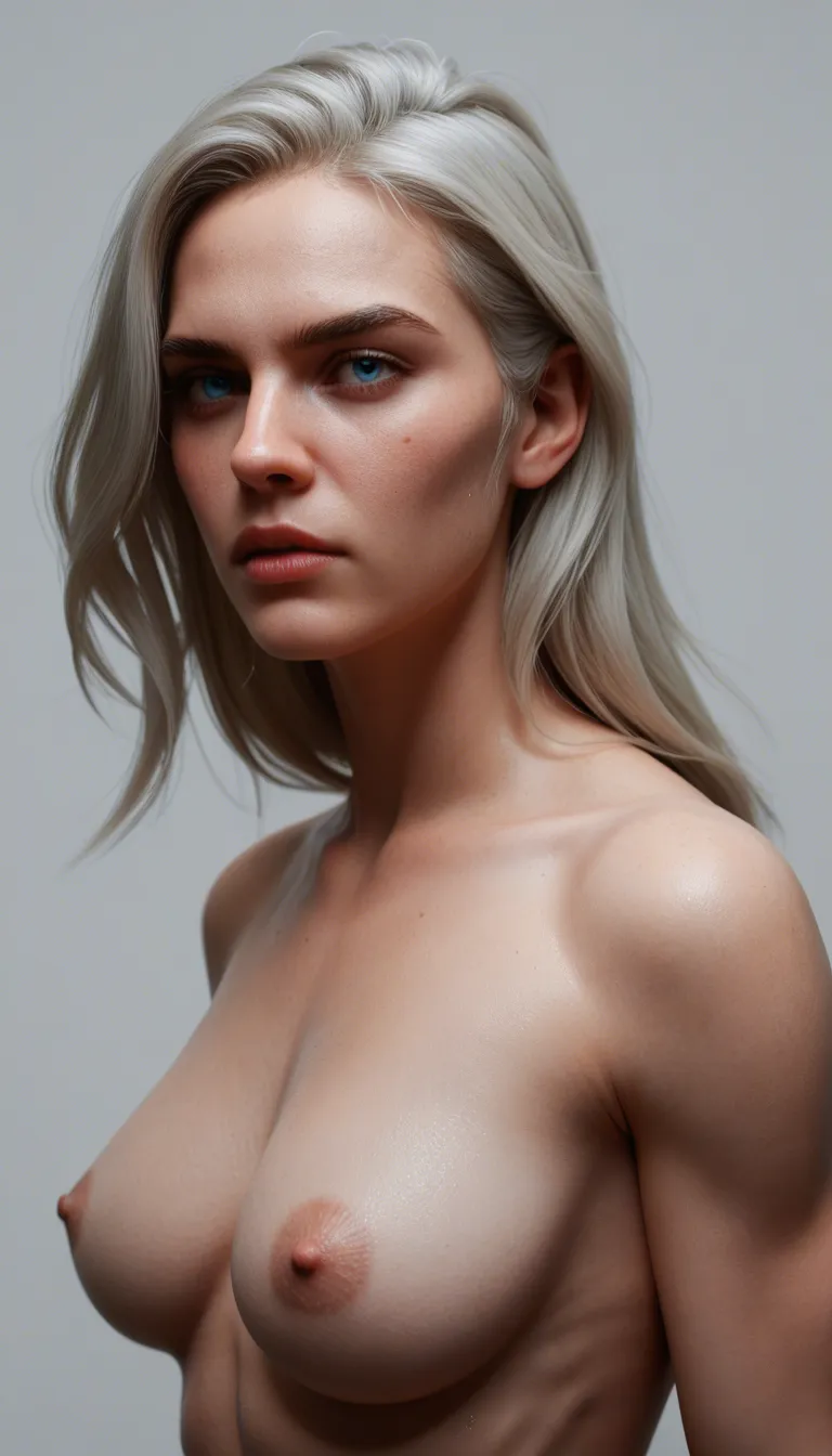 She has large_breasts, neat short platinum-blonde hair, bright blue eyes, delicate three-dimensional facial features, and a capable, cool and stunning temperament.She wears a mini khaki military cap with red trim, a halter-style waist-tight short khaki military dress decorated with double rows of golden buttons. The open collar reveals the edge of white lace underwear. She is paired with diamond-patterned black fishnet stockings with black lace trim, white bow garter straps, and crisscross straps around the calves.She is tall and brautiful lady with large breasts. She spread her legs and a man behind her insert his big dick in her pussy and fuck her.His hands squeeze her huge breasts from behind very hard and milk splash from her nipples.