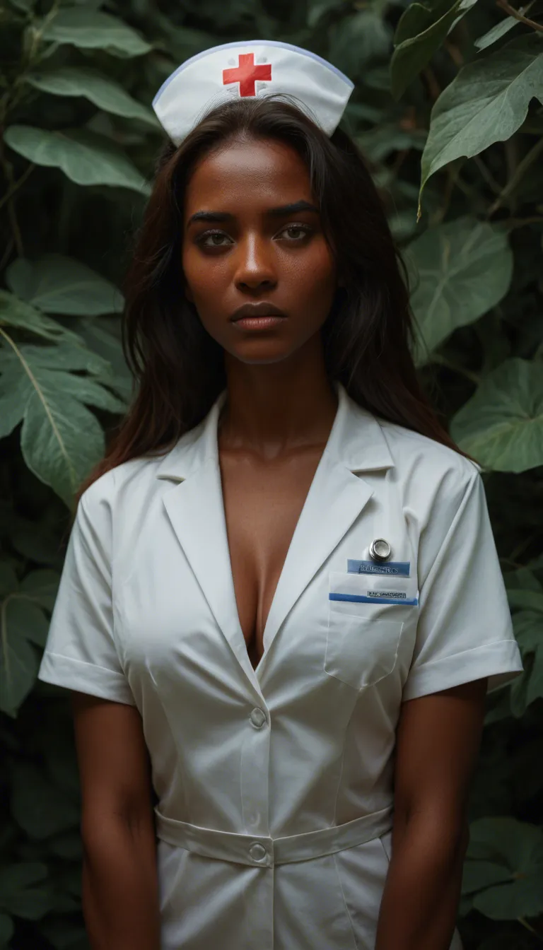 ultra HD, lifelike, nurse, presenting, dark skin, leaf, nervous blush, natural skin texture