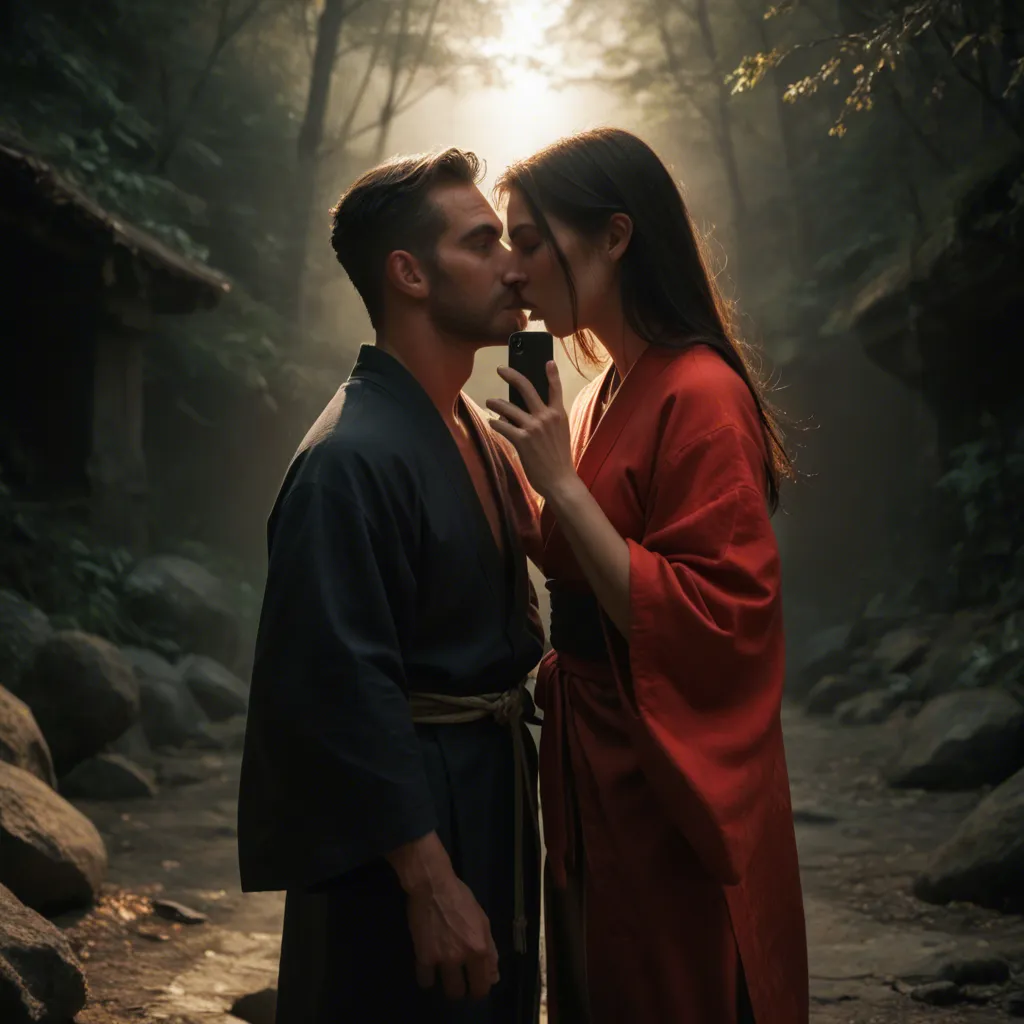 highly detailed, natural lighting, succubus, standing, japanese clothes, embrace, oral, outdoors, cinematic realism