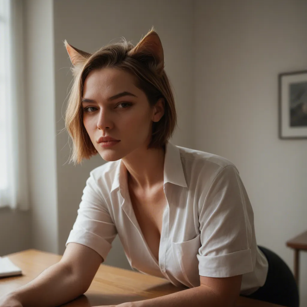 professional photo, high detail, catgirl, short hair, shirt, teasing, warm tones, studio photo,doggystyle