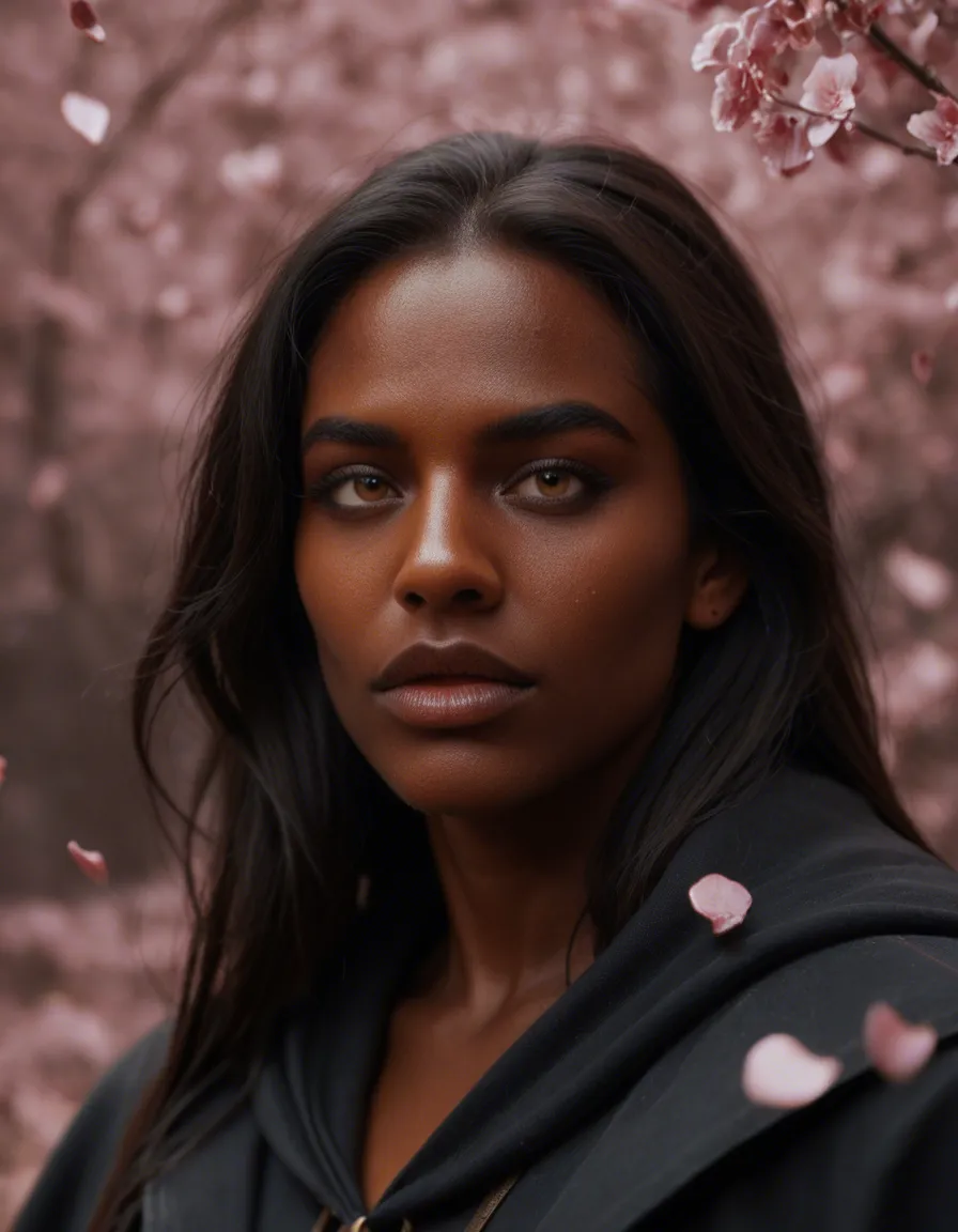 cinematic photo, 8k, extreme close-up, witch, futanari, dark skin, petals, hyperrealistic, score_9, score_8, candid photo, realistic skin texture, visible skin pores, film grain, depth of field