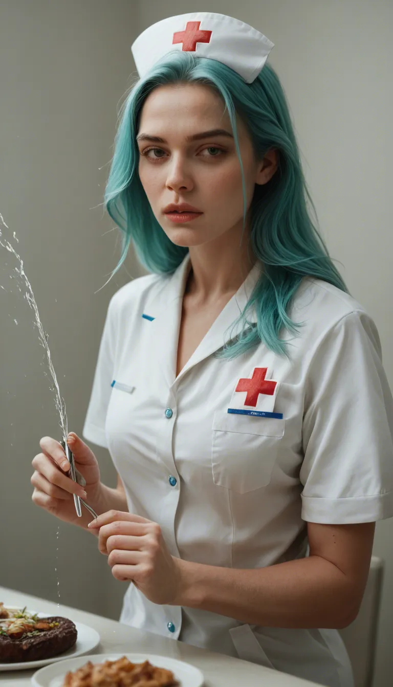 dslr, film grain, photorealistic, nurse, aqua hair, food, squirting, lifelike render