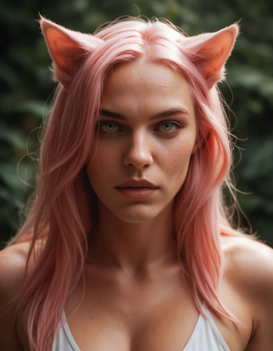 Pink haired catgirl, score_9, score_8, candid photo, realistic skin texture, visible skin pores, film grain, depth of field