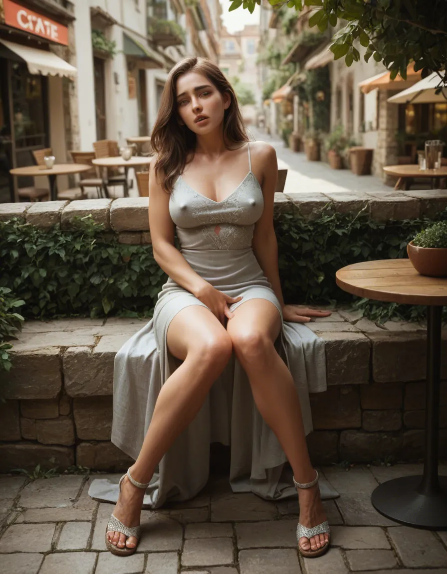 woman 25 years old long brown hair, cute heart shaped face, green eyes, orgasm , facing_away head_tilt ,erect nipples. Sitting outside cafe across walkway, legs_together t , Wearing short A line dress , silver lace sandals , fingering, score_9, score_8, candid photo, realistic skin texture, visible skin pores, film grain, depth of field