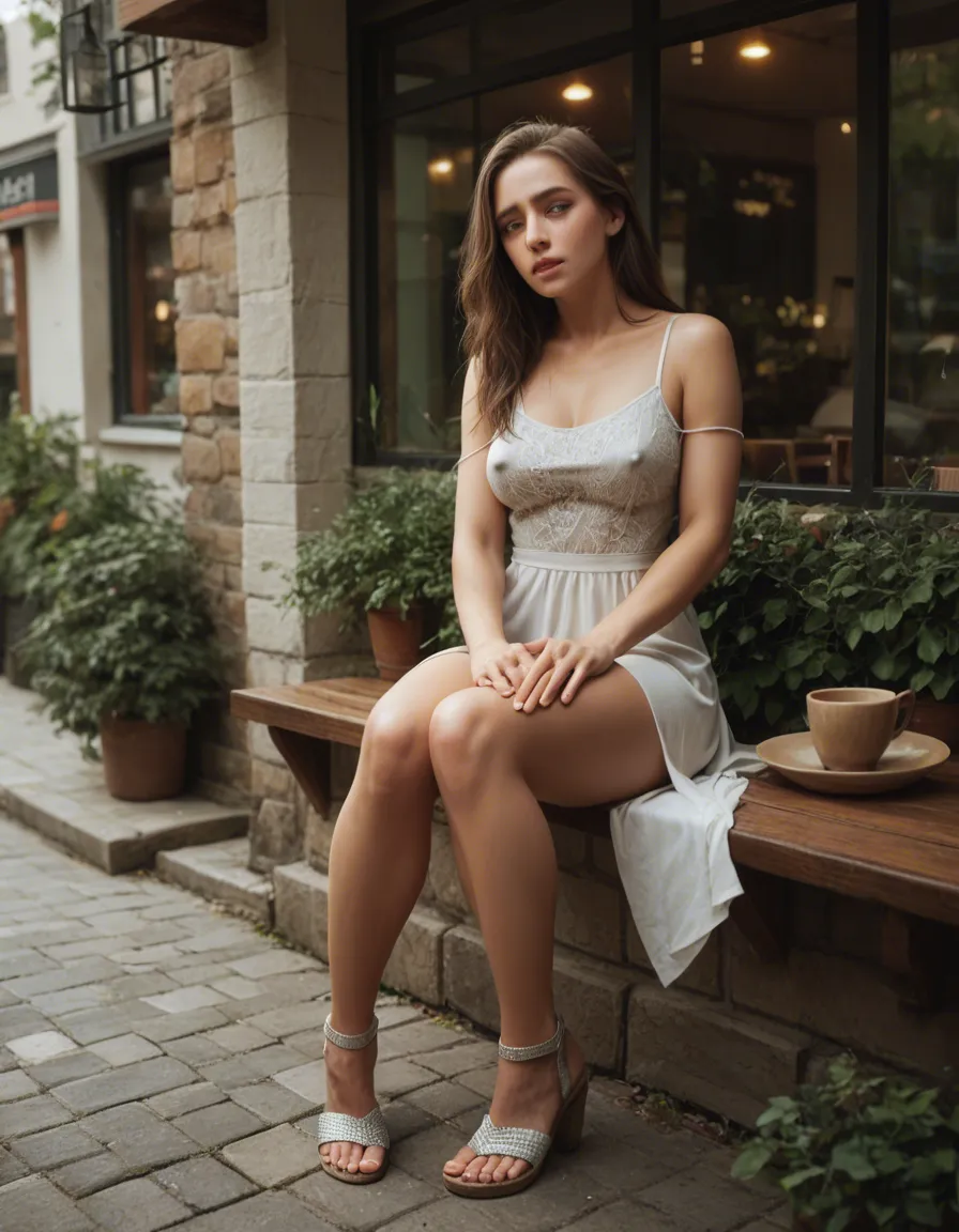 woman 25 years old long brown hair, cute heart shaped face, green eyes, orgasm , facing_away head_tilt ,erect nipples. Sitting outside cafe across walkway,  knees_together_feet_apart   , Wearing short miniskirt and blouse , silver lace sandals , fingering, score_9, score_8, candid photo, realistic skin texture, visible skin pores, film grain, depth of field