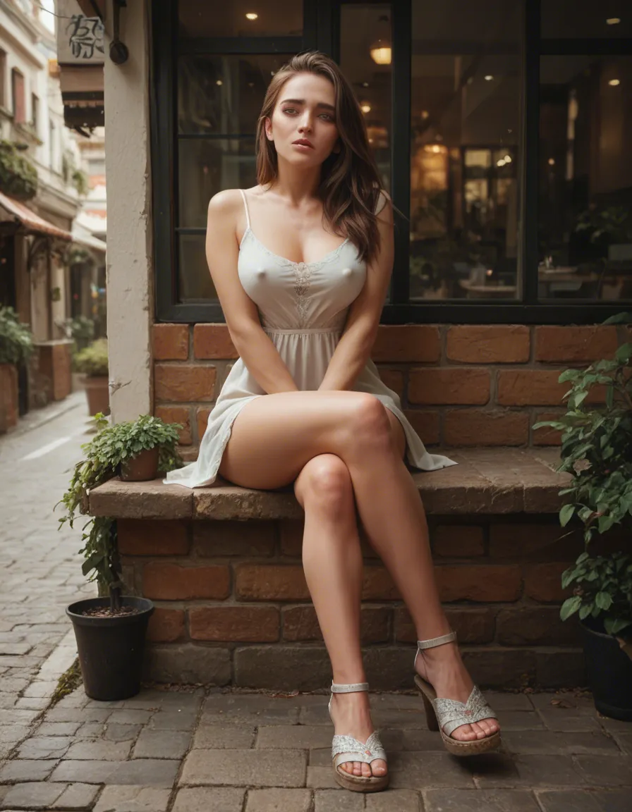 woman 25 years old long brown hair, cute heart shaped face, green eyes, orgasm , facing_away head_tilt ,erect nipples. Sitting outside cafe across walkway, knees_together_feet_apart , panties down ,Wearing short miniskirt and blouse , silver lace sandals , fingering, score_9, score_8, candid photo, realistic skin texture, visible skin pores, film grain, depth of field