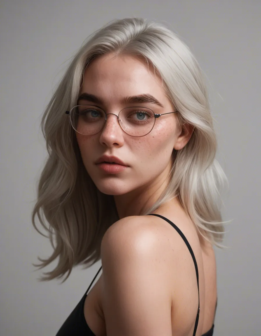 Photorealistic video of a sexy 30-year-old woman with long straight platinum-blonde hair, fair skin and big dark-rimmed glasses.
Detailed face: high cheekbones, full soft lips, light freckles, thick eyebrows, large blue-grey eyes looking slightly back over her shoulder with a horny, open-mouthed expression.
She is completely naked inside a simple glass shower.
A thick realistic suction dildo is stuck to the glass wall.
She stands with her back to the camera, her big wide round ass pressed hard against the wet glass so her cheeks flatten and spread.
She is aggressively riding the dildo, bouncing her fat ass up and down, taking it deep into her wet pussy.
Water runs over her body. Her huge heavy double-D tits bounce hard with every thrust.
She moans with her mouth open, tongue slightly out, glasses fogging a little from the steam.
Camera from outside the shower looking through the wet glass.
Close focus on her pressed ass and the dildo sliding in and out.
Realistic water droplets, shiny wet skin, heavy bouncing, intense and filthy, 8k, cinematic, score_9, score_8, candid photo, realistic skin texture, visible skin pores, film grain, depth of field