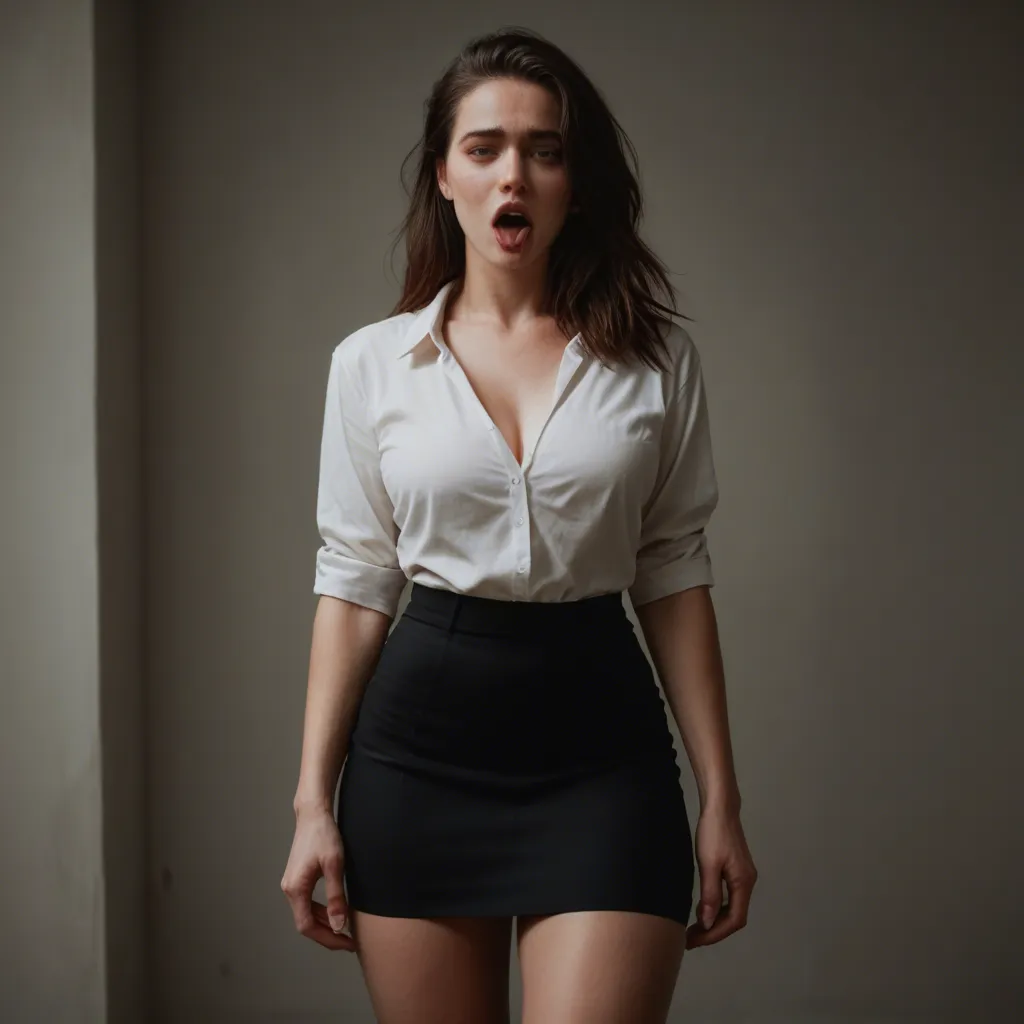 dslr, film grain, photorealistic, 1girl, wide hips, black skirt, ahegao, cowboy shot, cinematic realism