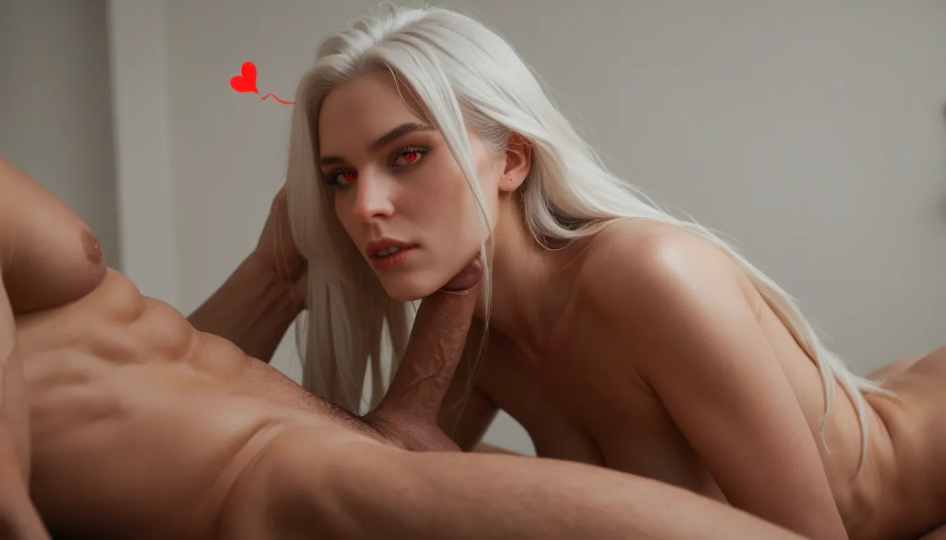 masterpiece, best quality, ultra detailed, 1woman, 1boy, full nude, completely naked, dominant woman, long flowing white hair, red heart-shaped eyes, massive huge breasts, enormous thick ass, wide hips, cowgirl position, woman aggressively riding, forcing the thin man’s long cock deep inside her tight vagina, extreme rapid bouncing, massive ass wildly shaking and jiggling, ass cheeks clapping and rippling, heavy breasts bouncing hard, shiny sweaty oily skin, pussy juices dripping, intense female domination, arrogant lustful expression, ahegao eyes, motion lines, detailed penetration, wet glossy textures, cinematic lighting, depth of field
