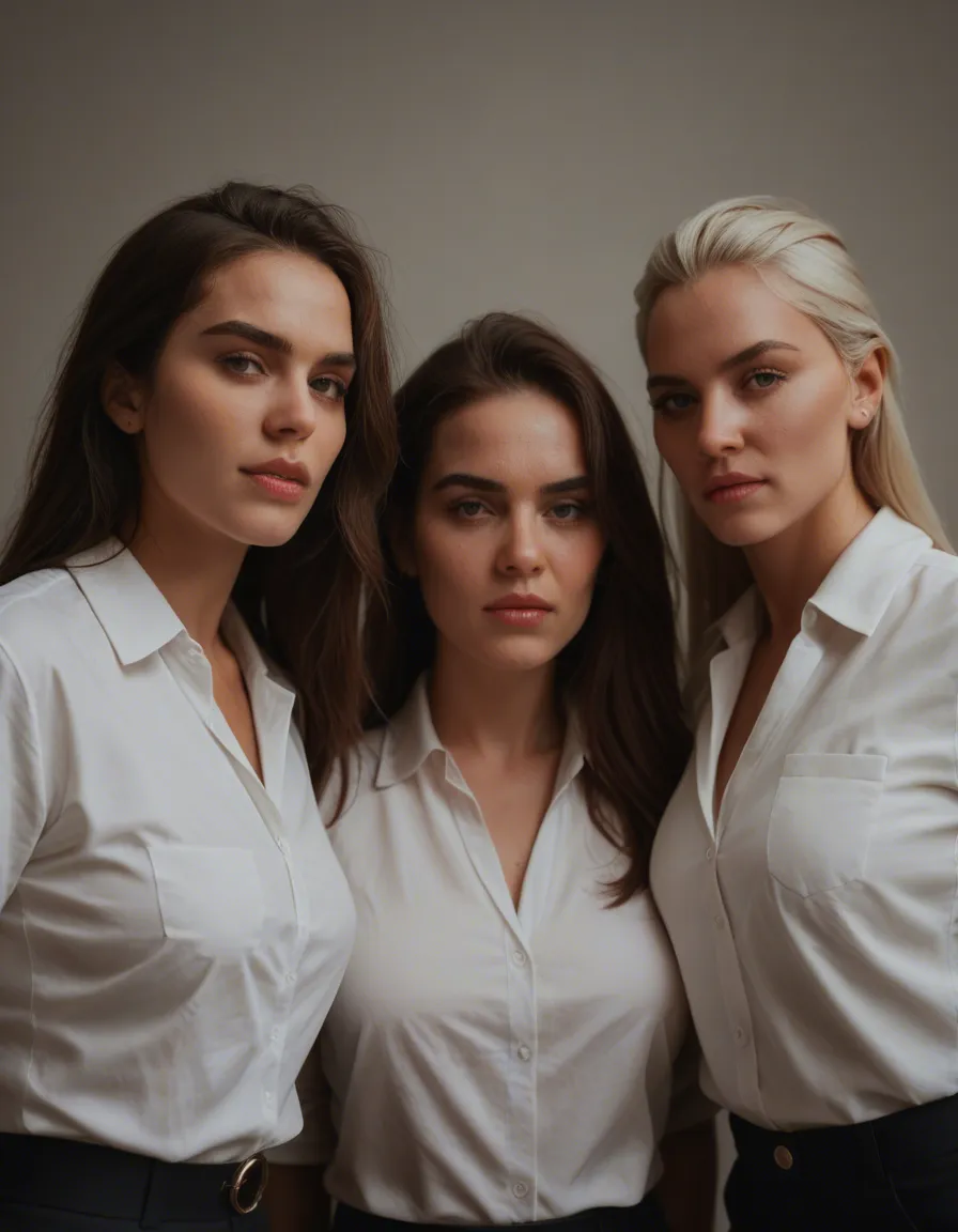 professional photo, high detail, 3women, white shirt, presenting, film photography, score_9, score_8, candid photo, realistic skin texture, visible skin pores, film grain, depth of field
