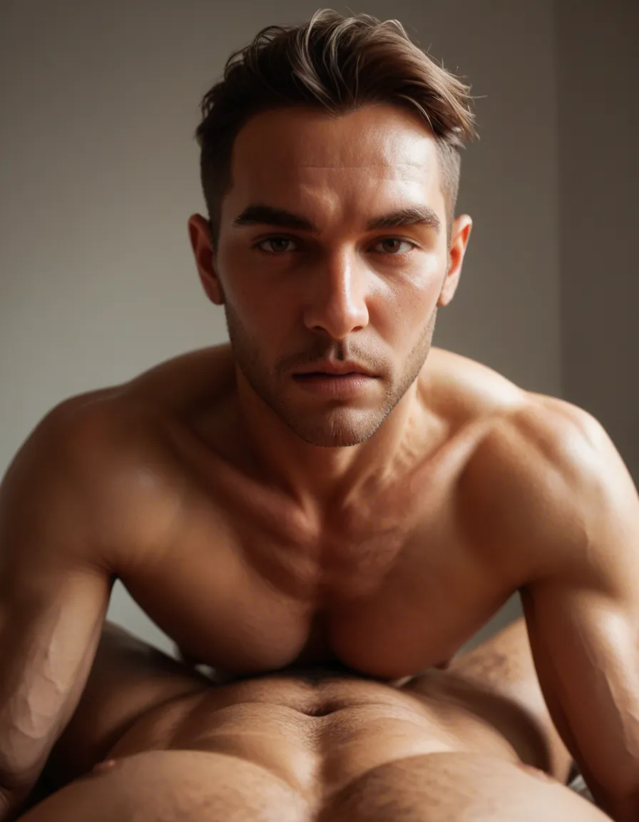 A muscular and athletic man fucking viewer pov., score_9, score_8, candid photo, realistic skin texture, visible skin pores, film grain, depth of field