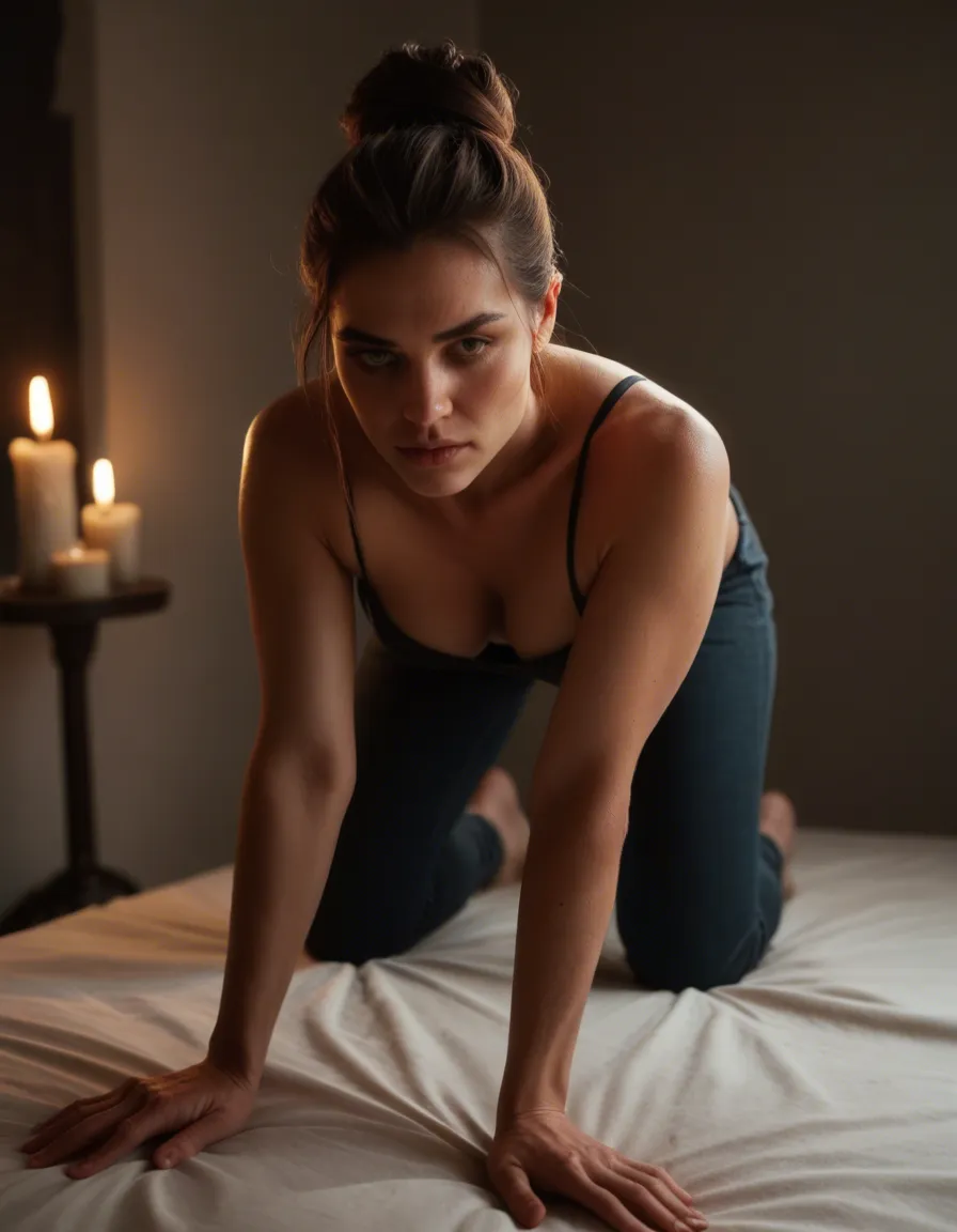 highly detailed, natural lighting, bunny woman, hair bun, pants, on all fours, candlelight, RAW photo, score_9, score_8, candid photo, realistic skin texture, visible skin pores, film grain, depth of field
