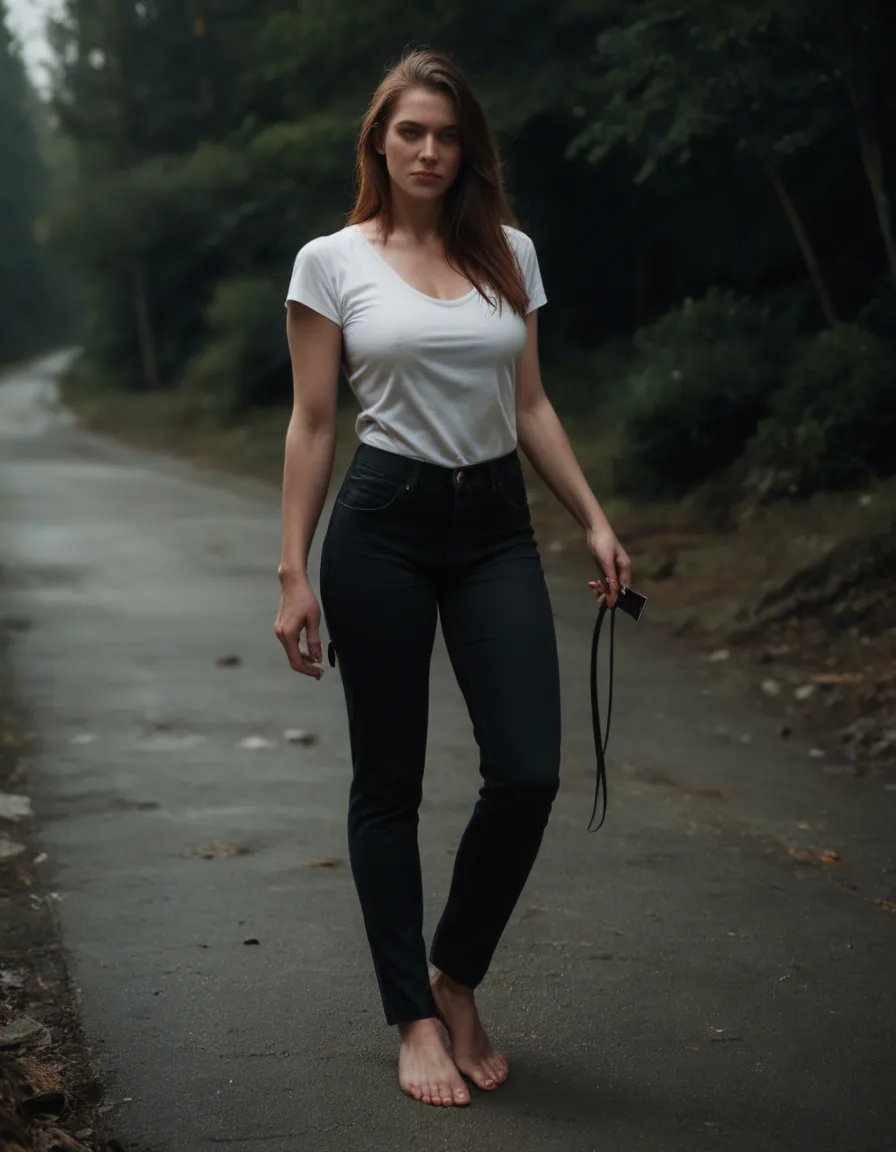 RAW photo, ultra realistic, succubus, toes, pants, holding, fully nude, outdoors, rim light, dslr quality, score_9, score_8, candid photo, realistic skin texture, visible skin pores, film grain, depth of field